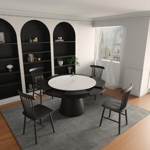 意式 岩板转盘实木圆桌旋转伸缩变径餐桌省空间小户型饭厅 现代风格