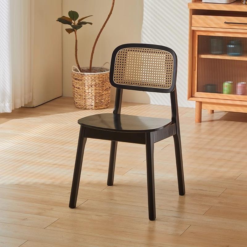 中古风复古实木餐椅藤编家用椅子客厅靠背椅现代简约樱桃木轻奢