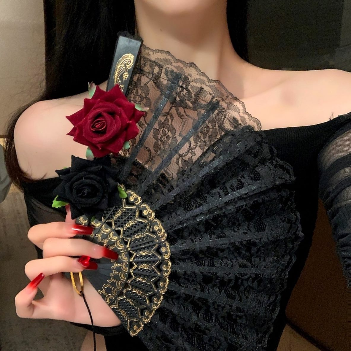 玫瑰花漫扇子复古中国风lolita新中式配饰展cos蕾丝旗袍古风折扇