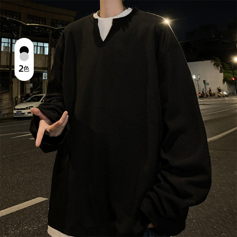 男装春秋新款假两件V领卫衣男美式复古潮牌灰色长袖T恤打底衫体恤