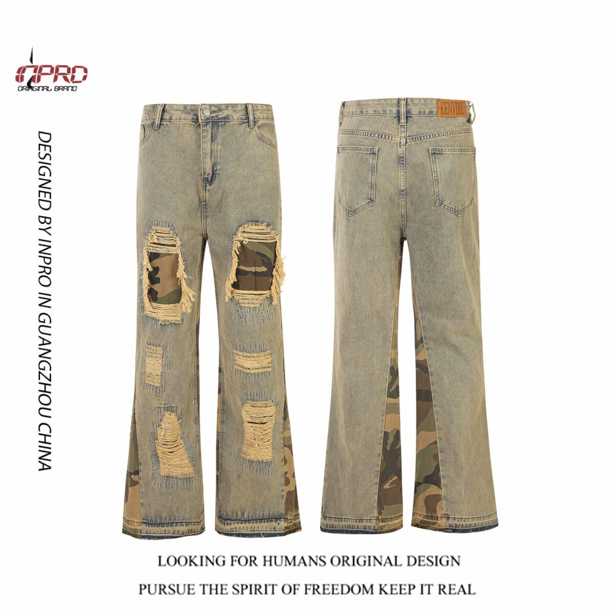高街牛仔裤男女cleanfit复古水洗做旧破洞迷彩拼接设计感微喇长裤