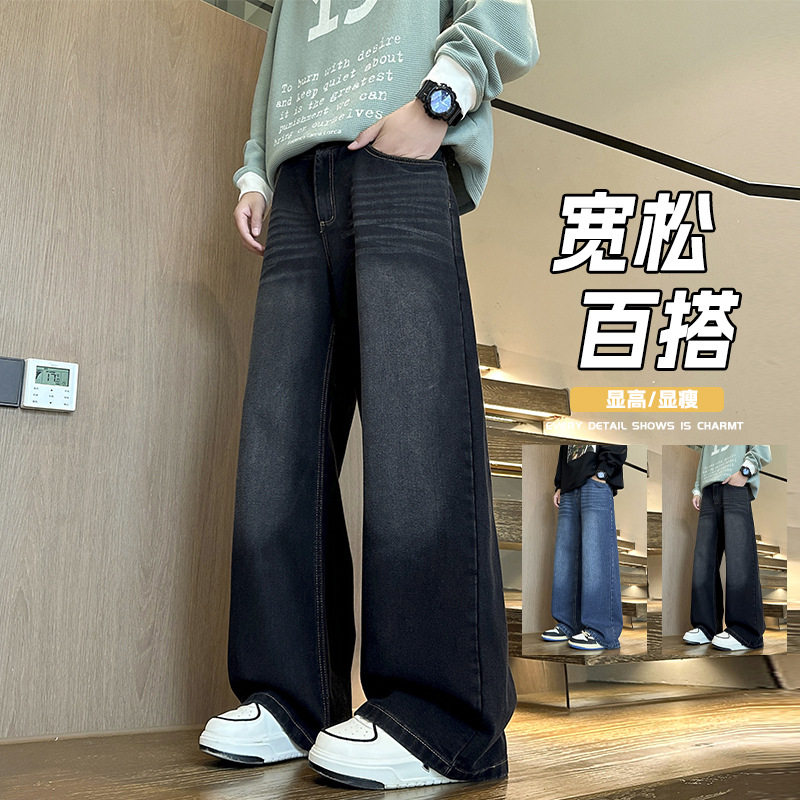 恩步跨境黑色牛仔裤男春秋季新款时尚潮流百搭美式直筒阔腿裤长裤