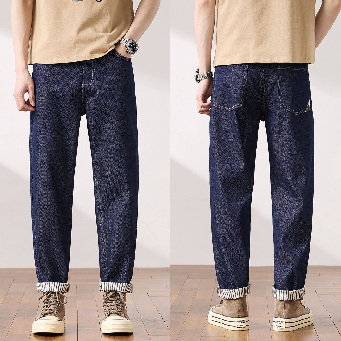 尚谷男装棉公元秋冬新款四面弹牛仔裤男直筒宽松加绒加厚复古原色