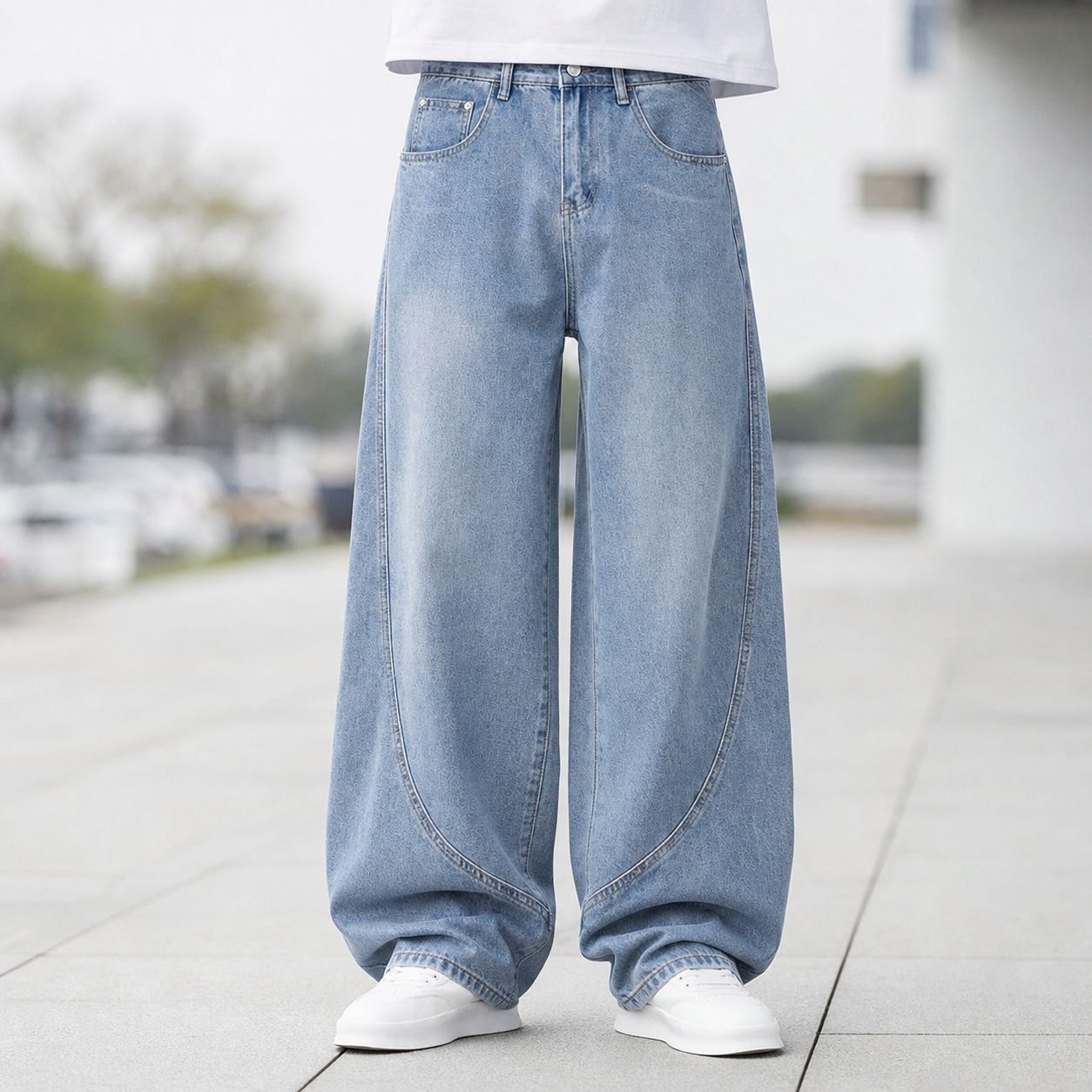尚谷男装 跨境外贸东南亚牛仔专供美式弯刀阔腿男款长裤明线设计