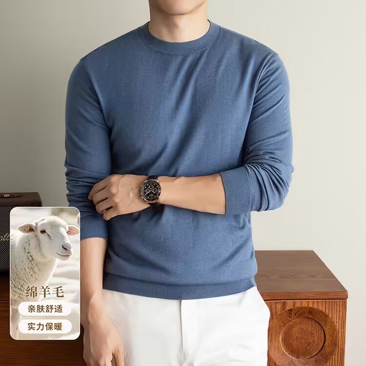 男士纯色老钱风圆领含桑蚕丝针织春秋羊毛衫修身长袖毛衣打底衫男