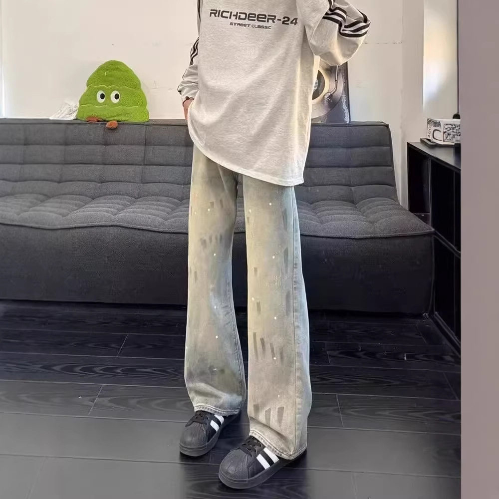 复古泼墨牛仔裤男夏季薄款潮牌痞帅裤子美式高街设计感直筒微喇裤