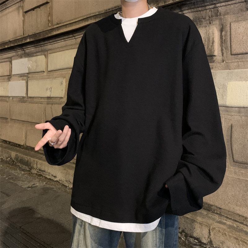 男装春秋季新款假两件卫衣男美式日系潮牌ins百搭长袖T恤男打底衫