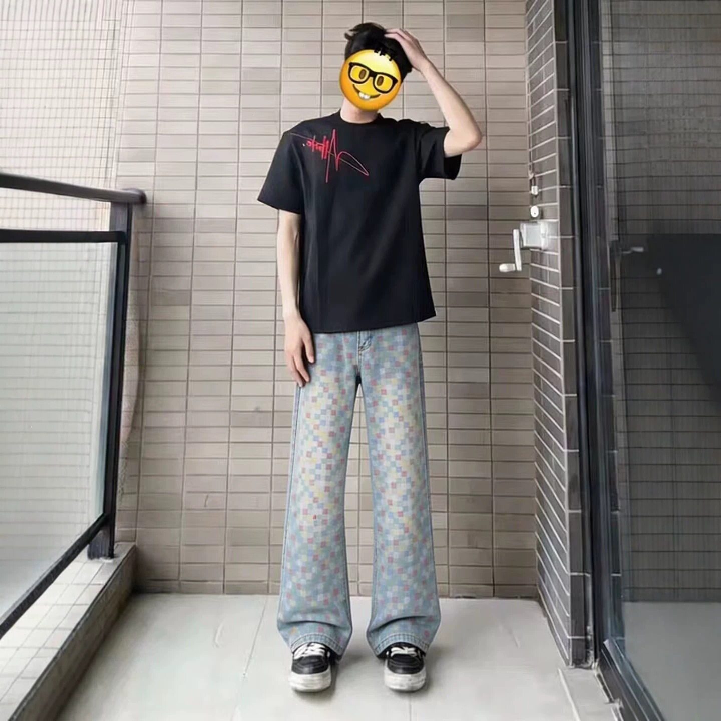 美式复古蓝色设计感提花格子牛仔裤男女款显瘦宽松堆积感直筒裤棉