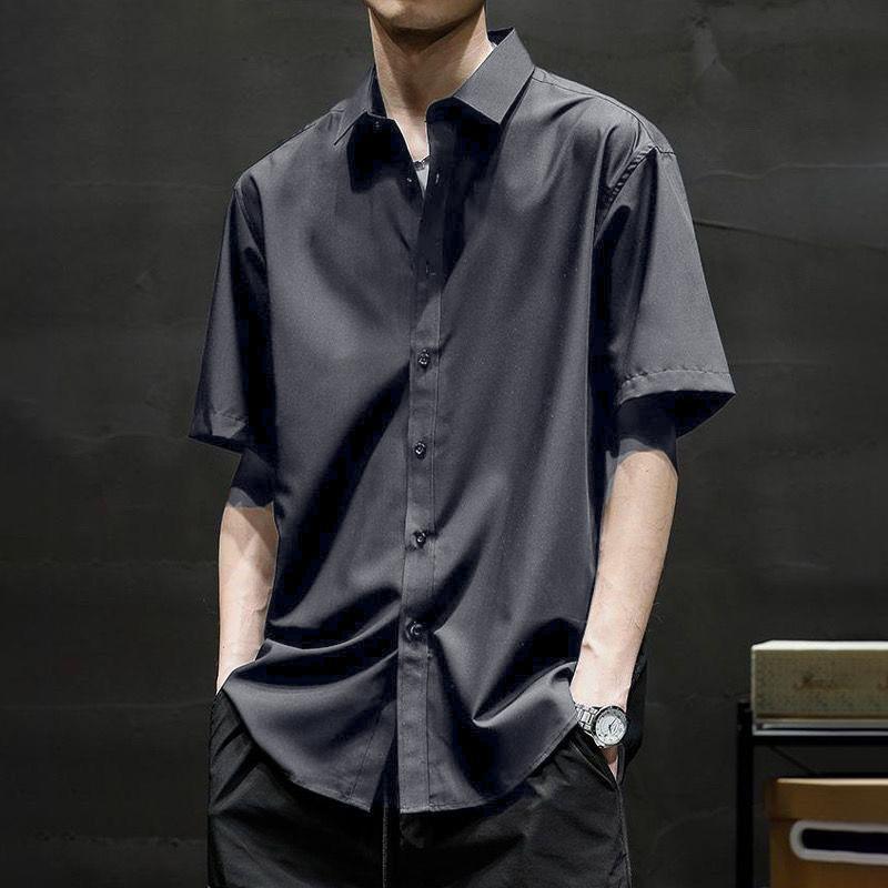 黑白灰色短袖衬衫男士夏季薄款宽松垂感痞帅冰丝五分袖衬衣男百搭