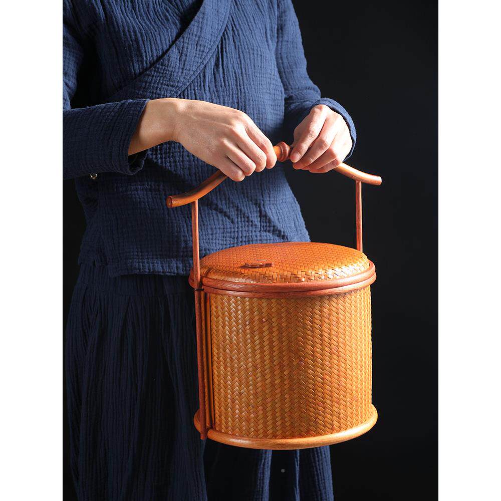 手工竹编提篮食筇竹seb柄带盖盒中式复古茶收纳家用盒具圆形普洱