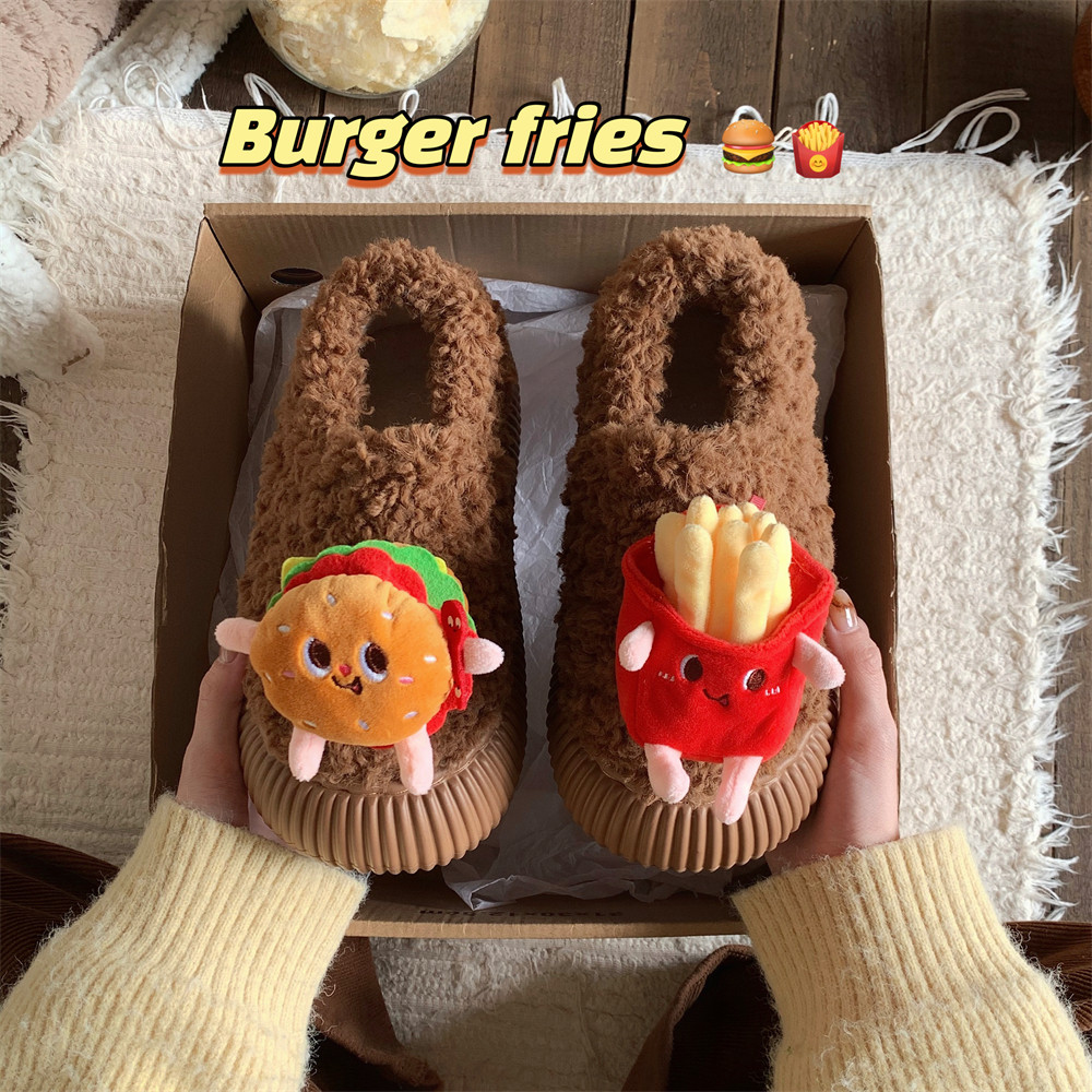 细细条可爱薯条汉堡羊羔毛棉鞋女百搭防滑秋冬学生休闲外穿面包鞋