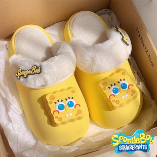 女休闲软厚底棉拖鞋 保暖毛绒鞋 细细条可爱海绵宝宝防水室内外冬季