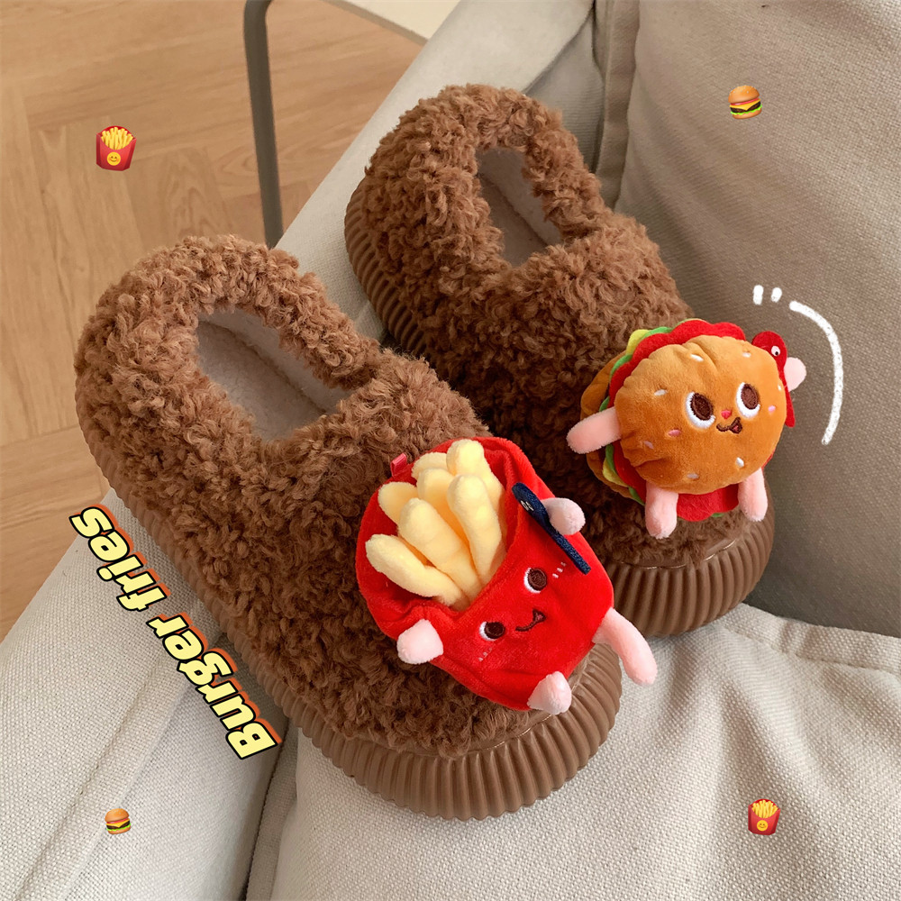 细细条女士新款可爱薯条汉堡棉鞋百搭冬休闲创意ins羊羔毛面包鞋