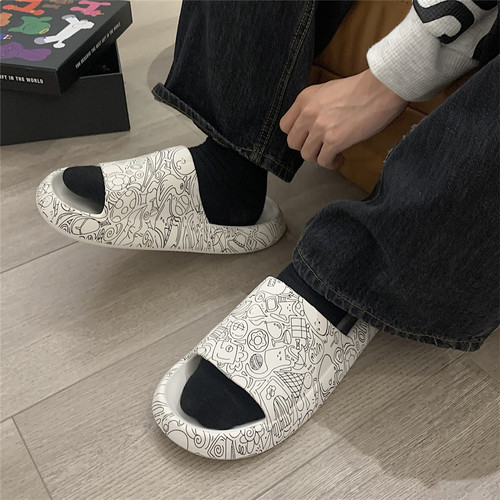 细细条潮牌涂鸦户外软底防滑拖鞋