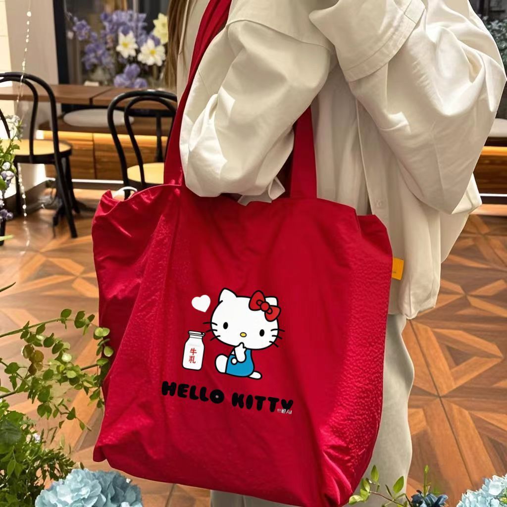 红色印花猫咪帆布包女大容量手提帆布袋学生包外出通勤托特包