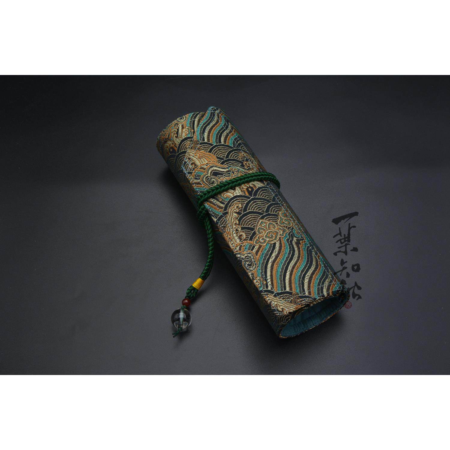 包邮一叶知秋手作 碧波浩渺织锦缎手工钢笔收纳包笔帘古风卷笔袋