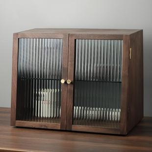 实木桌面收纳柜复古茶水杯子茶具收纳置物架木质餐边柜黑胡桃碗柜