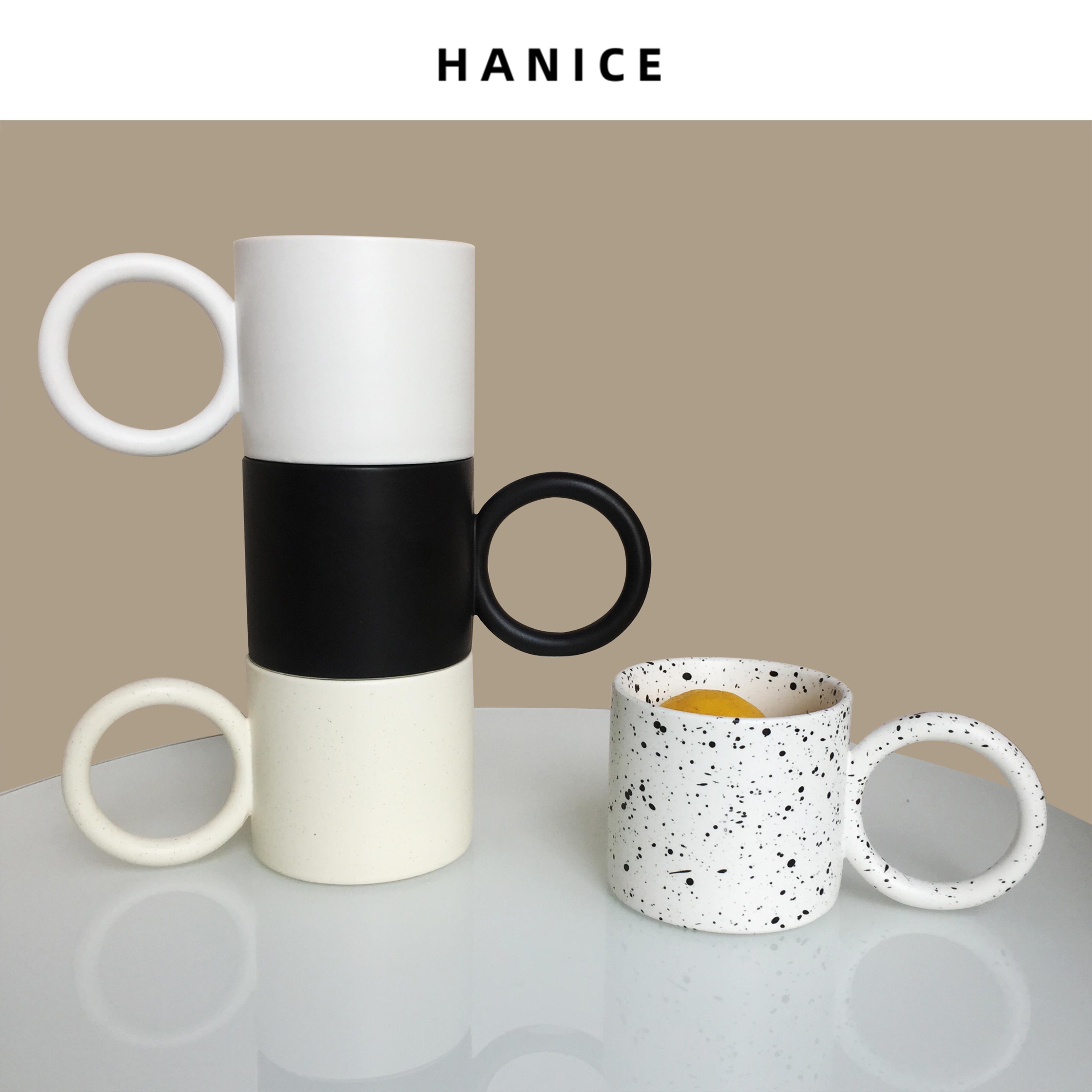 HANICE陶瓷马克杯ins大圆把手泼墨杯大容量情侣杯个性小众水杯女