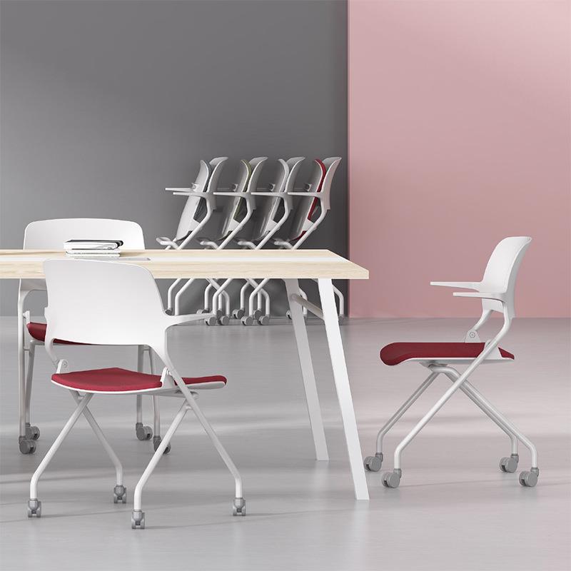 会议椅现代简约培训椅折叠办公椅塑料四脚扶手带轮电脑椅靠背椅子