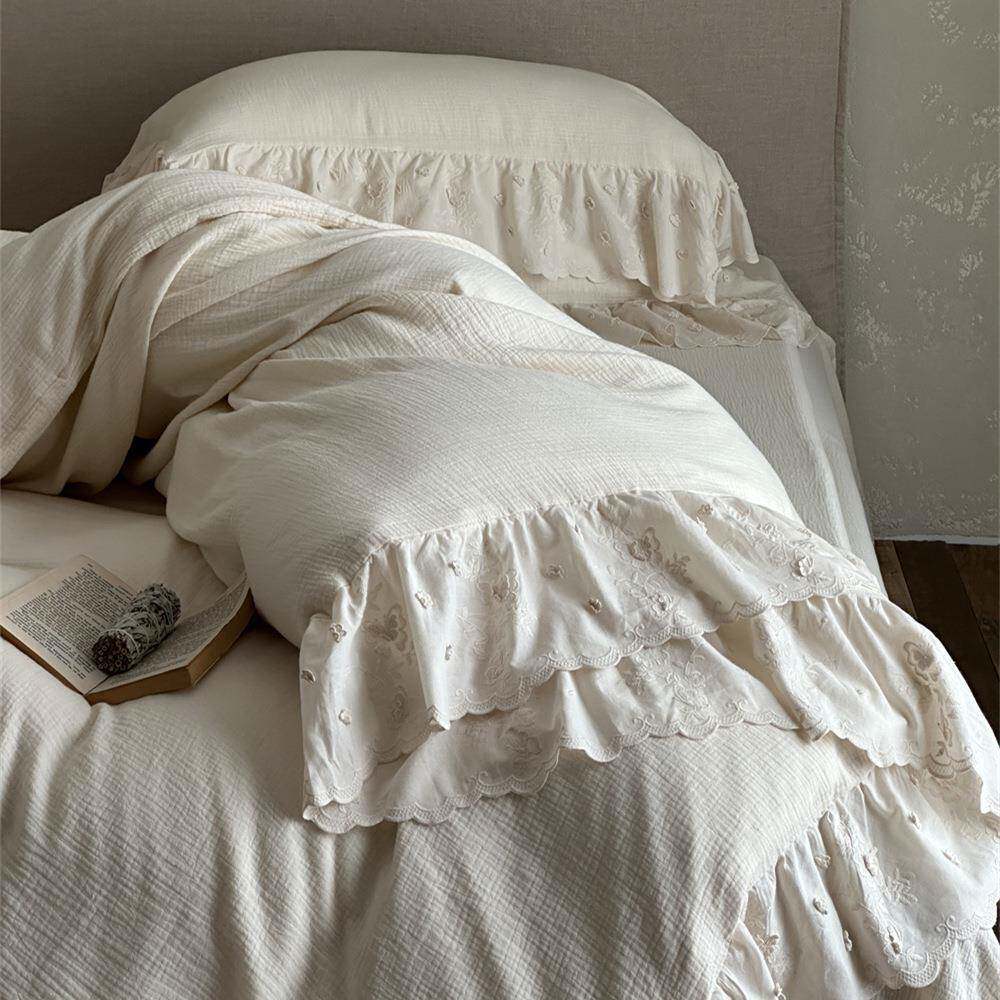 MOO高级感复古皱皱纱裸睡四件套全棉柔软蓬松双层纱被套床单四季