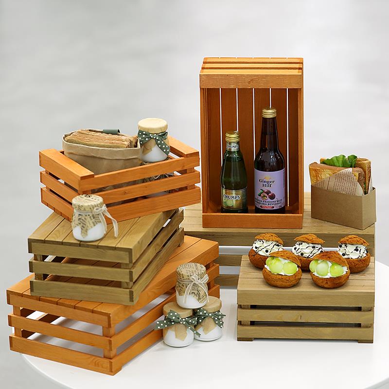 6JN自助餐台木制收纳筐森系甜品台木框装饰摆件木头复古陈列展