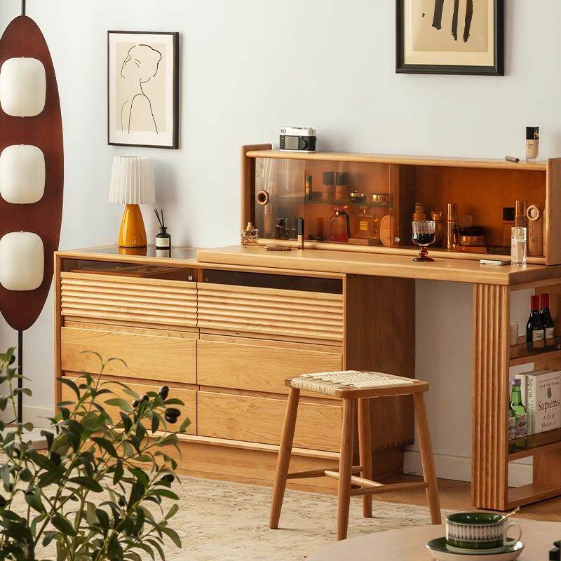 欧拉樱桃木实木梳妆台斗柜一体可移动奶油风卧室床尾化妆桌收纳柜