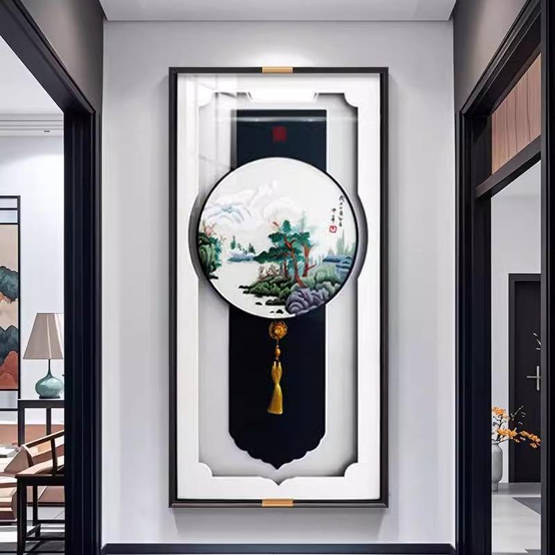 苏绣入户玄关装饰画新中式刺绣实物画走廊过道壁画客厅高档山水画