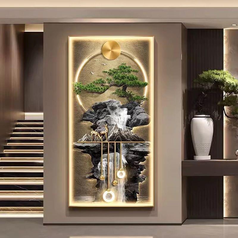 现代轻奢流水生财走廊玄关装饰画迎客松正对门入户带灯发光壁画灯