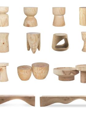 实木墩子创意原木边几矮凳日式木头茶几圆形根雕民宿客栈摆件