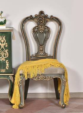 美式乡村全实木餐椅桦木双面雕花凳子炭灰色家用靠背椅轻奢复古风