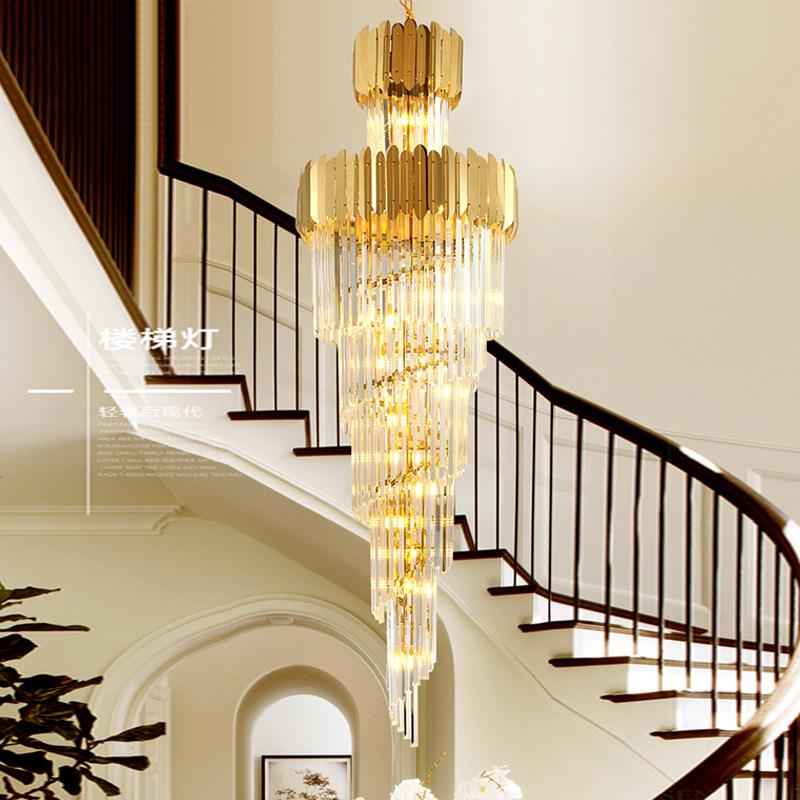 轻奢水晶大吊灯别墅复式楼客厅中空楼中楼旋转楼梯水晶长吊灯