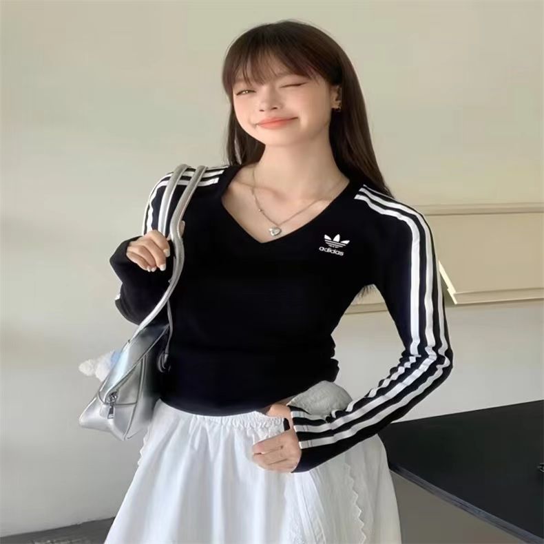 条纹短款V领女长袖高腰针织韩系修身白条纹T恤韩版
