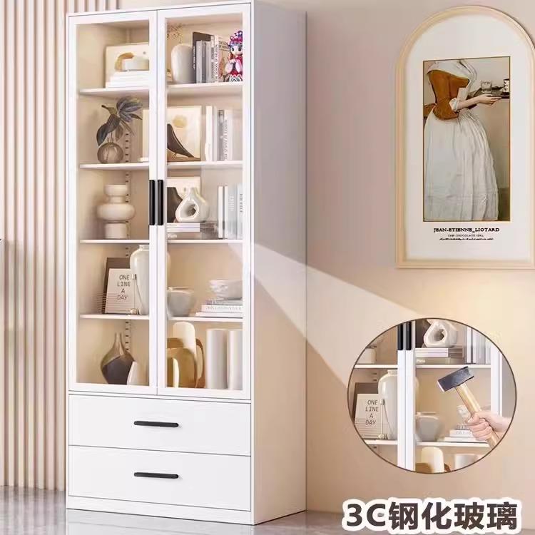 钢制书柜带玻璃门家用储物柜一体客厅防尘置物儿童铁艺书架展示柜