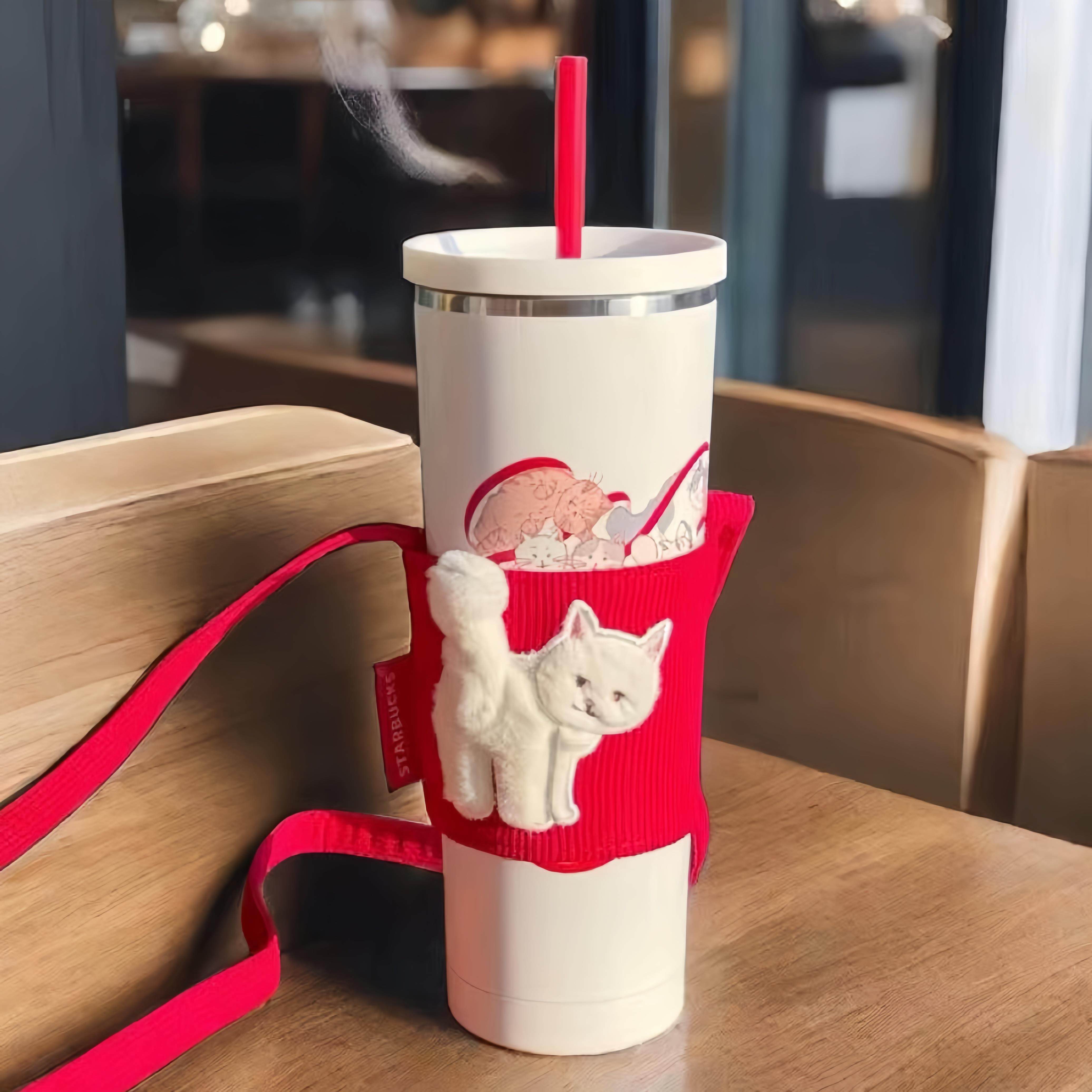 星巴克猫咪杯套不锈钢吸管杯810ml大容量水杯情人节女生可爱礼物