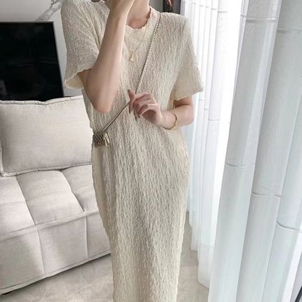现货小众设计感复古肌理感提花连衣裙夏季新款炸街超仙过膝长裙