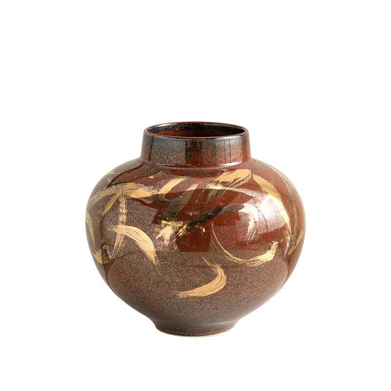 新中式红釉陶瓷花瓶陶罐摆件样板房别墅家居客厅软装饰品