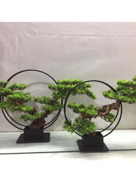 新中式双圆形铁艺摆件仿真崖柏松树禅意别墅会所茶室山水景观软装