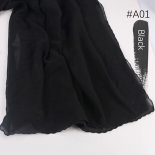 新款马来头巾 珍珠雪纺全幅刺绣 绣花围巾长纱包头巾