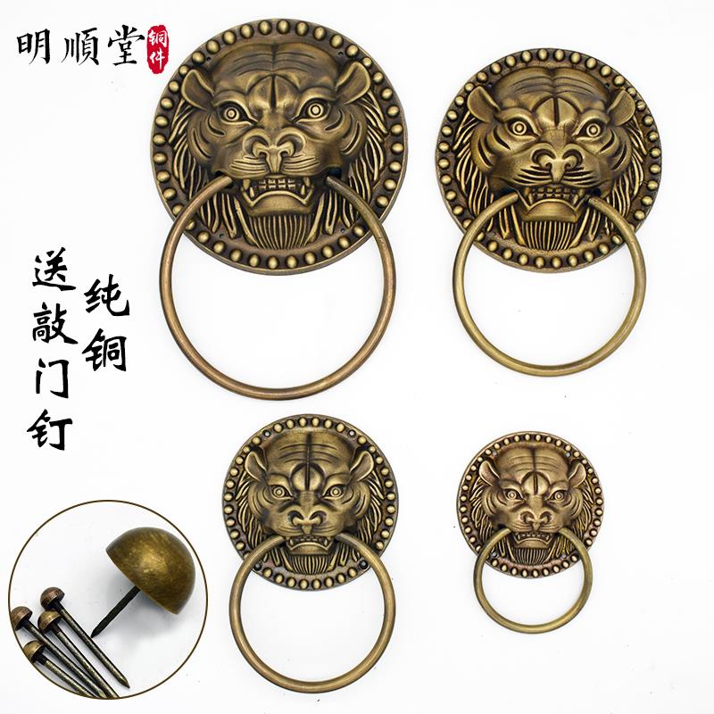 仿古纯铜兽头门环拉手老式虎头拉环中式古铜拉手实木门铜兽面把手