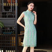 复古小清新日常 青绿色蕾丝旗袍气质高端修身 凤禧旗袍夏款 2025新款