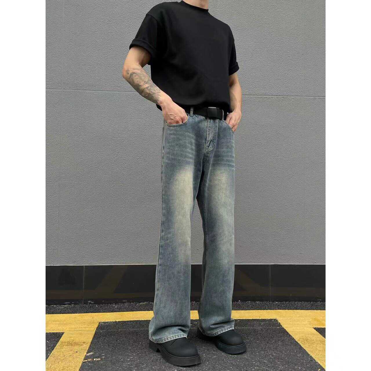美式高街复古直筒微喇水洗牛仔裤