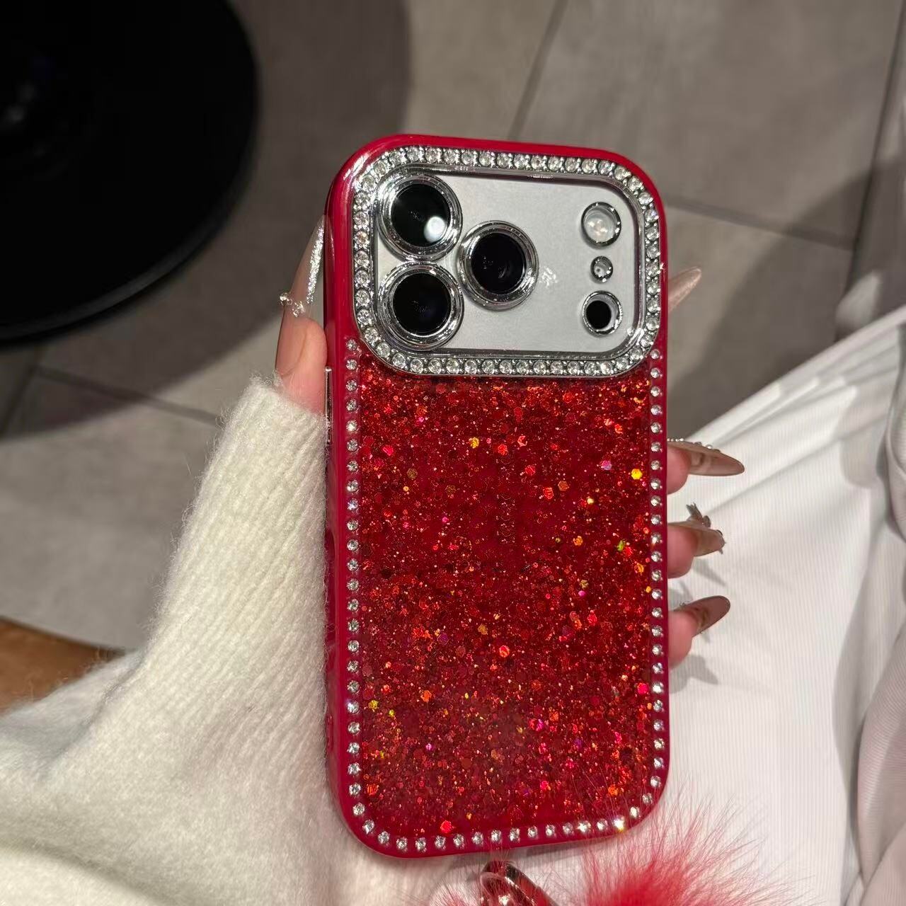 镶边点钻适用苹果17promax红色手机壳新款超漂亮iPhone16镜头全包防摔带挂绳保护套15/14/13巨好看的女生外壳