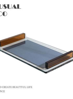 现代欧式轻奢灰色水晶玻璃托盘客厅餐厅桌面摆盘样板房售楼处饰品