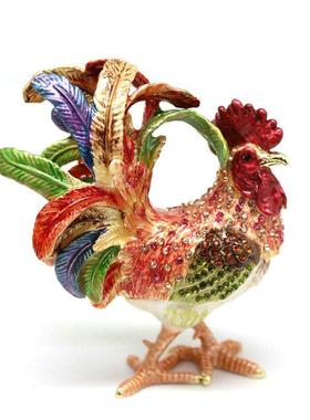 金属招财摆件金鸡祝福新年礼物合金珐瑯凤尾公鸡摆件首饰盒装饰