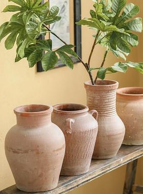 复古粗陶花瓶手工双耳红陶土罐陶瓷插干花花器侘寂风客厅装饰摆件