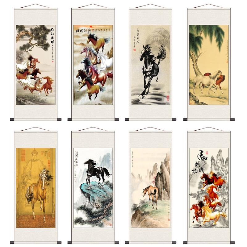 花鸟画 画卷轴画 画马到成功八骏图酒店挂画 画丝绸卷轴画 画名家