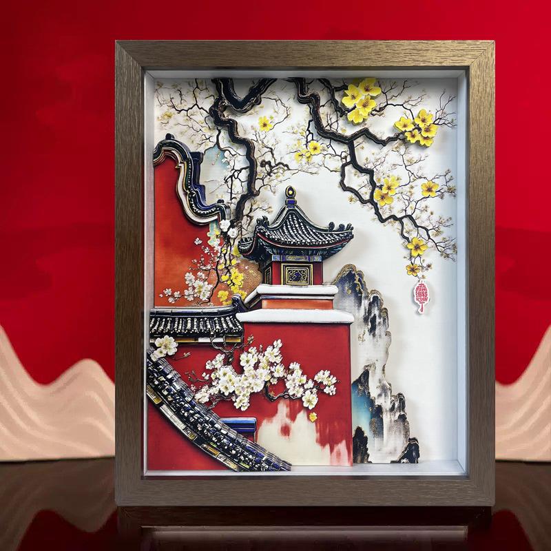 客饭厅装饰画挂摆件玄关电视沙发背景墙国潮风3D立体桌面非遗寒梅