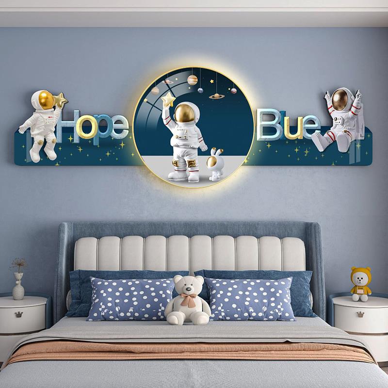 男童房间装饰画宇航员太空男孩卧室床头挂画儿童房led氛围灯壁画
