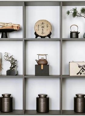 样板间茶室博古架茶盒茶袋茶饼装饰摆饰新中式茶叶罐茶柜软装摆设