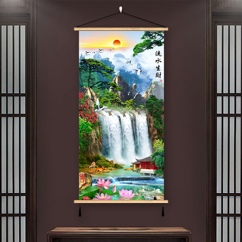 山水风景挂画流水生财装饰画布艺壁画实木客厅沙发办公室背景墙挂